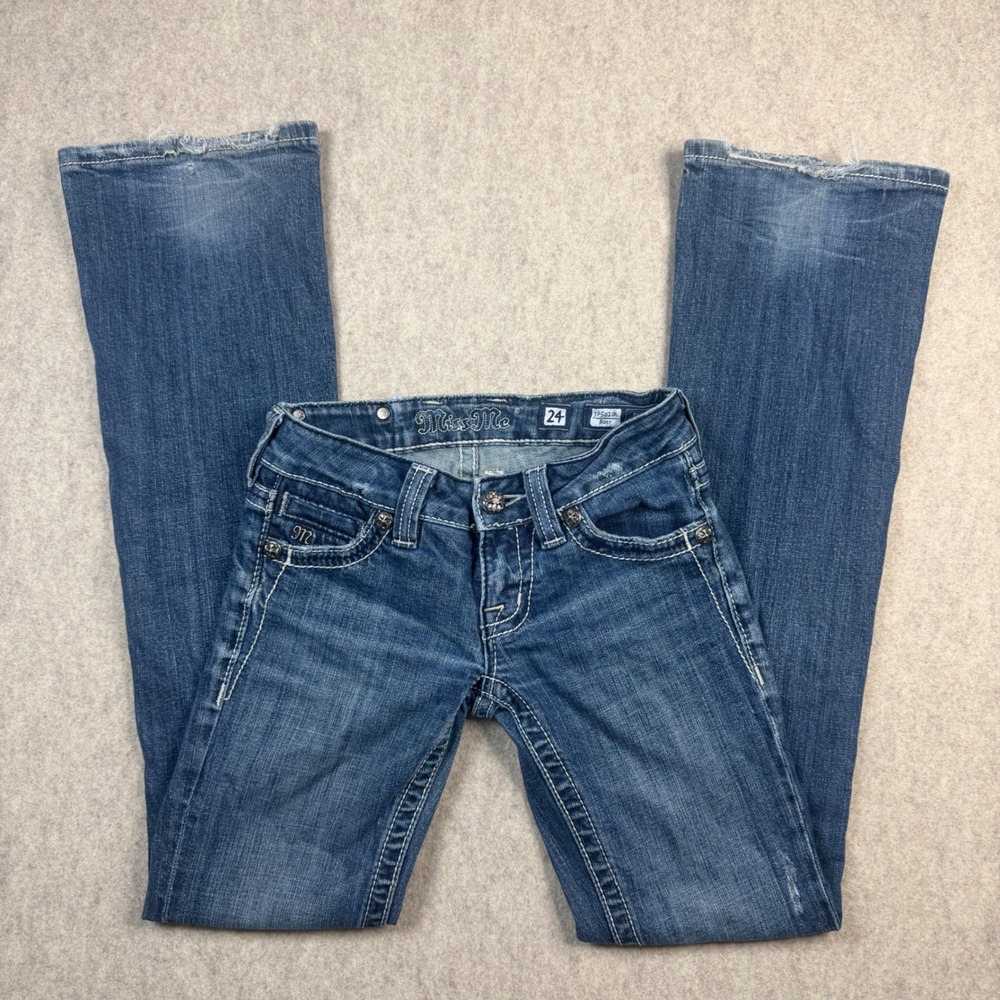 Miss Me JP5010RL Bootcut Jeans Size 24 Fleur De Lis Studded Sequin Blue Denim